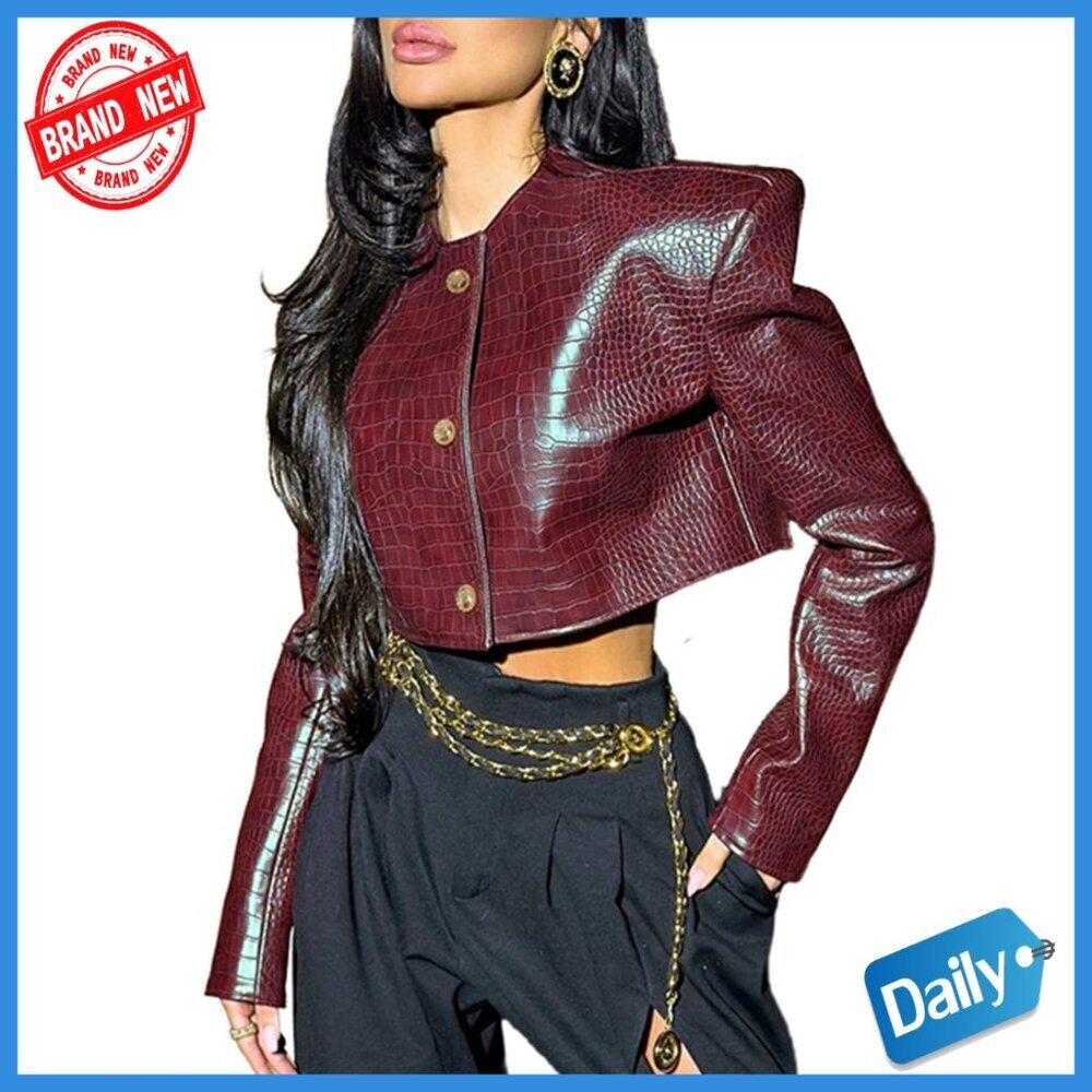 Faux Leather Bomber Jacket Cropped Women's Size S M L Polyester